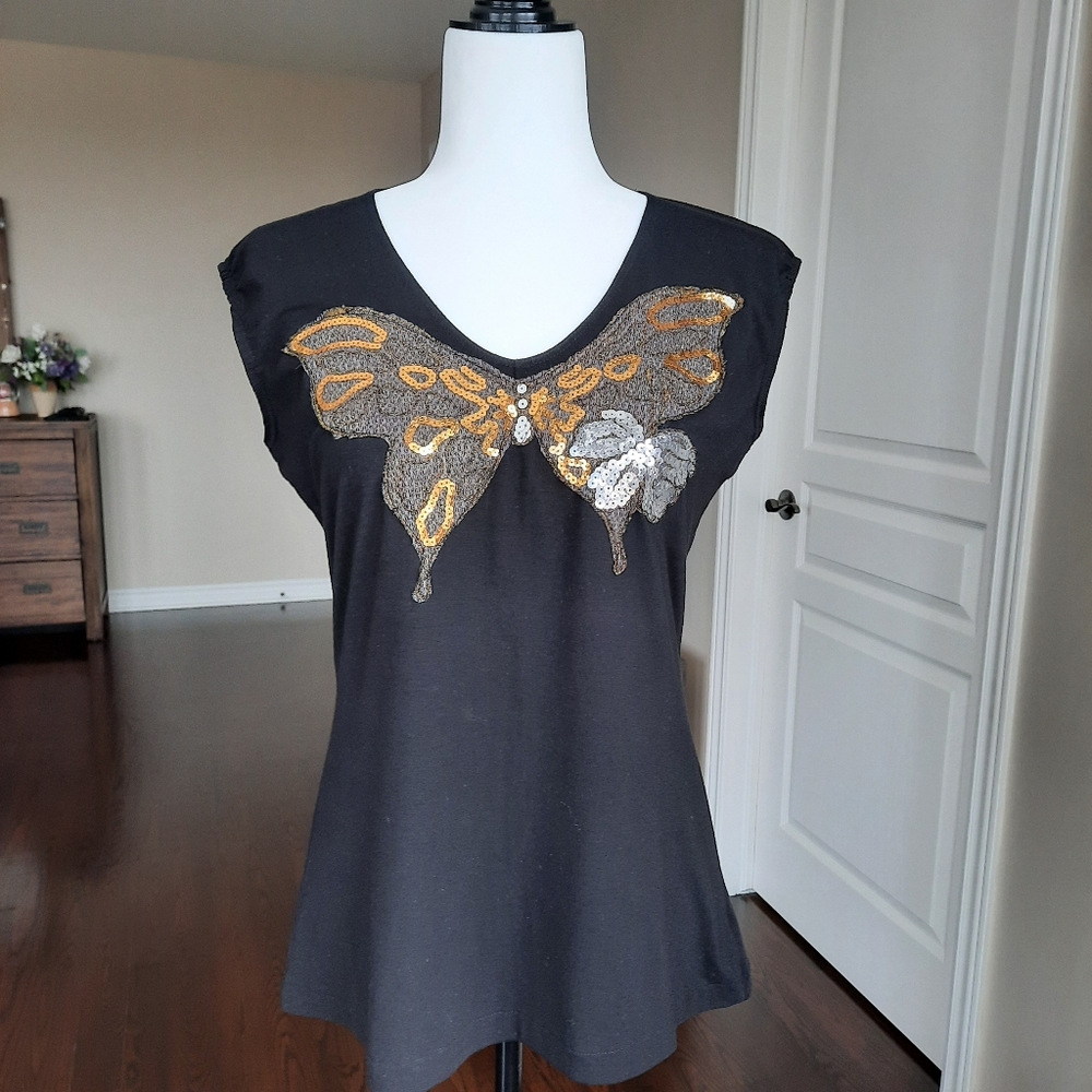 Simply Irresistible Black Sequin Butterfly Top Size Medium